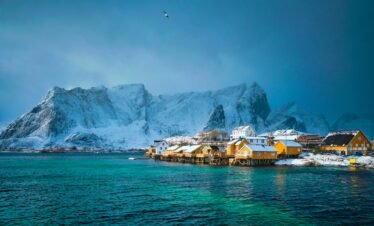 Yellow rorbu houses, Lofoten islands, Norway